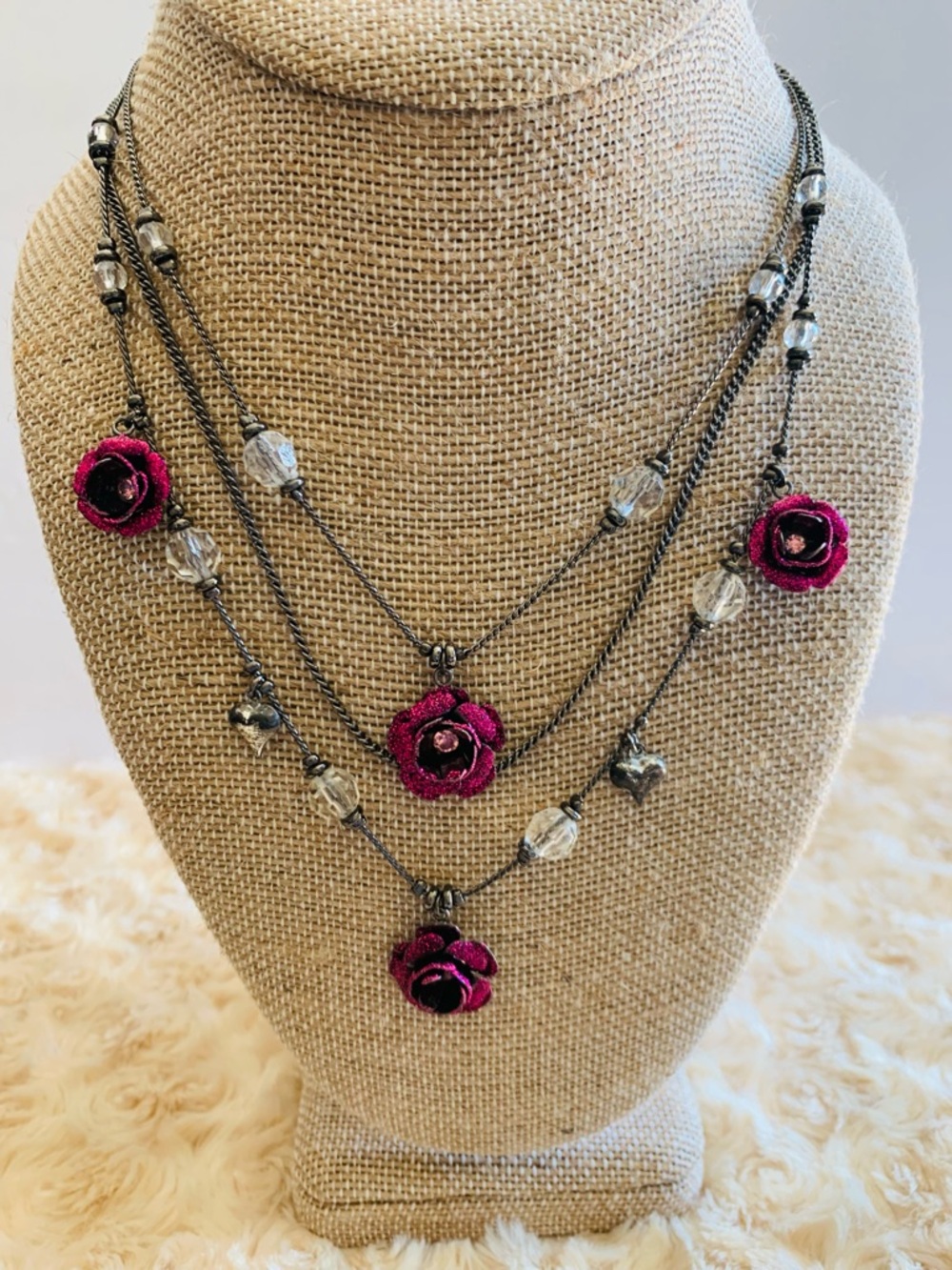 Vintage Betsy Johnson 3 Strand Metal Flower Clear Stone Statement Necklace